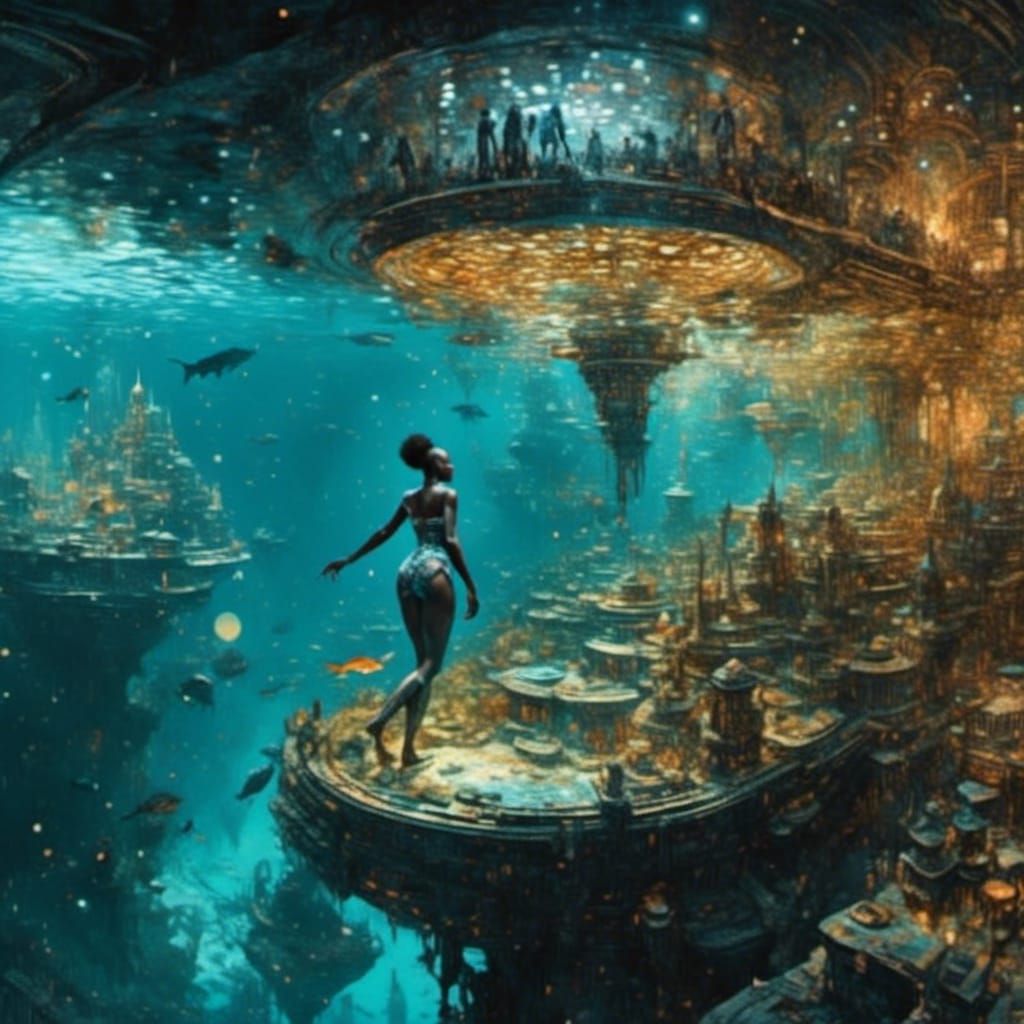 Underwater Cityscape Portrait in Watercolor Style