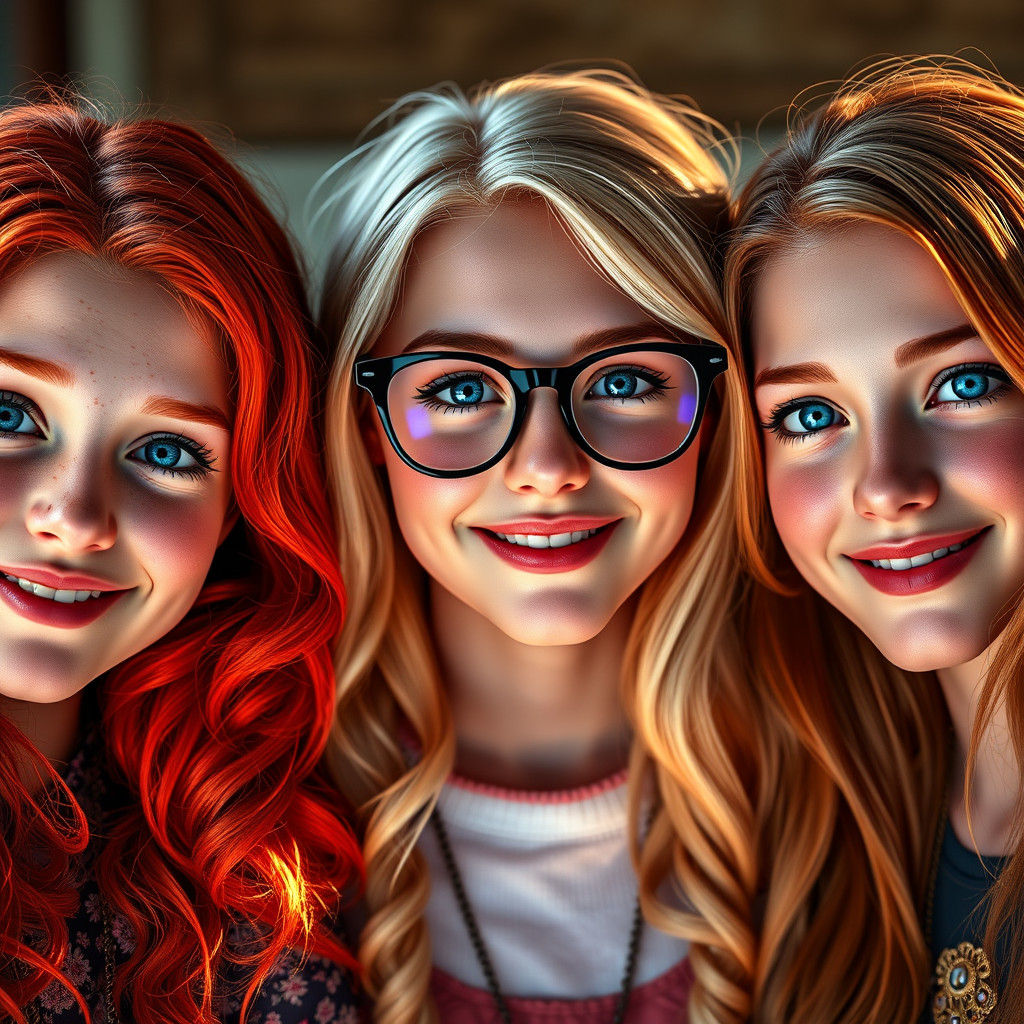 Portrait of Three Smiling Teenage Girls in Art Nouveau Style