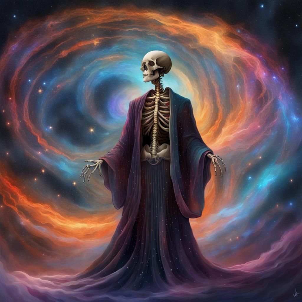 Cosmic Dreamscape: Ethereal Skeleton in Nebula