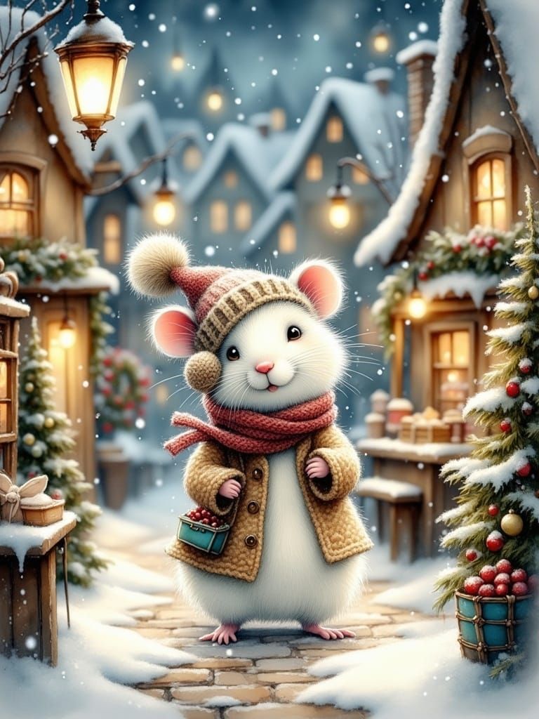 Whimsical Christmas Village Scene with Adorable Mouse