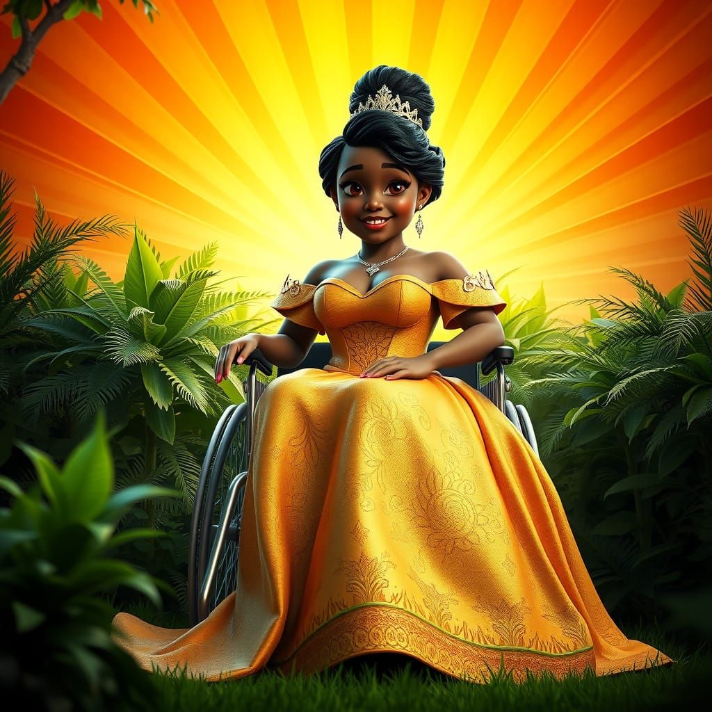Multiracial Princess in Golden Gown, Surrounded by Lush Gree...