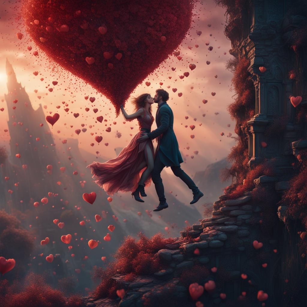 Two Figures Embracing in a Fantasy Landscape