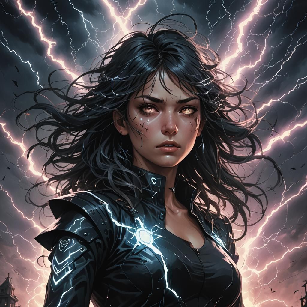 Dramatic Woman Hurls Lightning Bolts in Synthwave Style