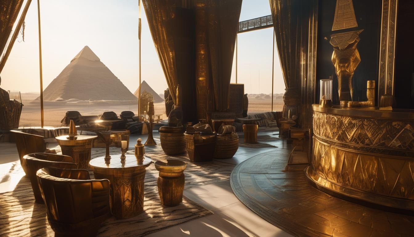 Egyptian Lounge Overlooking Pyramids in Golden Light