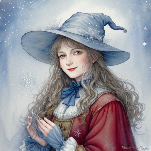 Whimsical Winter Witch Portrait in Warm Watercolor