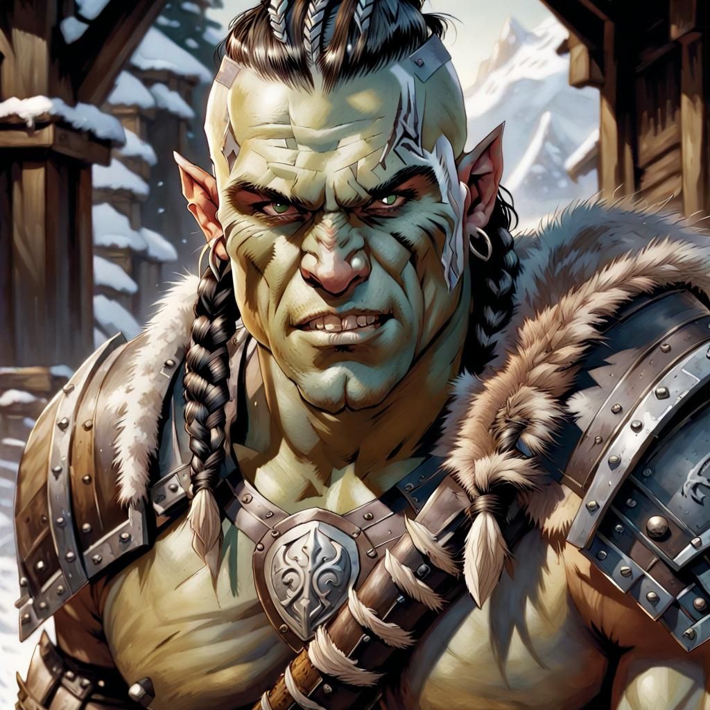 Half-Orc Barbarian Portrait in Comic Book Art