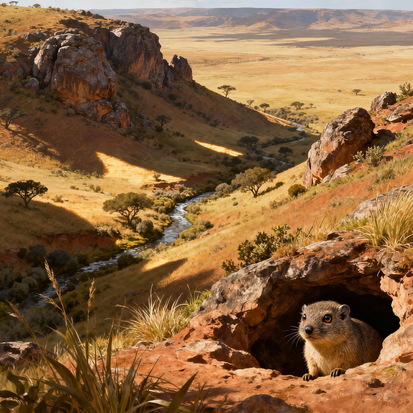 Hyrax Emerges From Rocky Den in Hilly Steppe Landscape