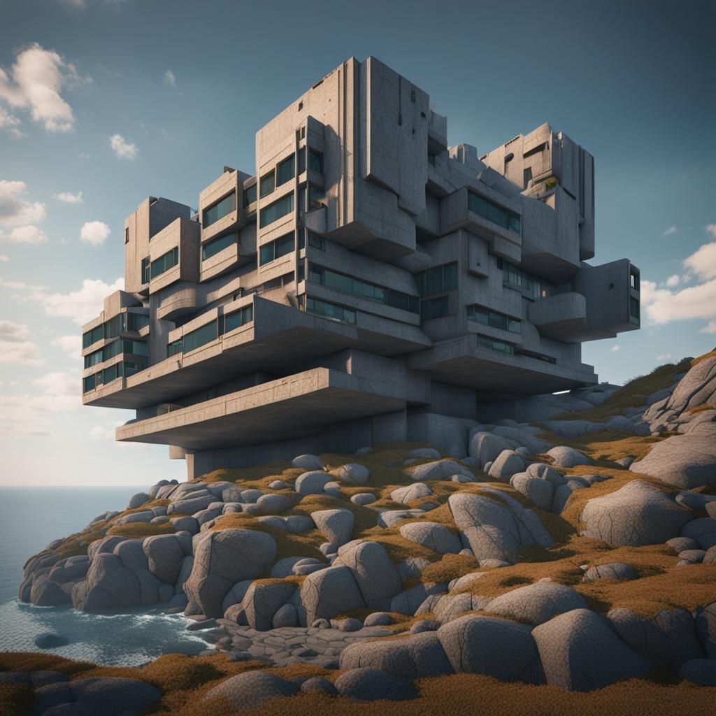 Brutalist Building on Cliff in Detailed Matte Painting