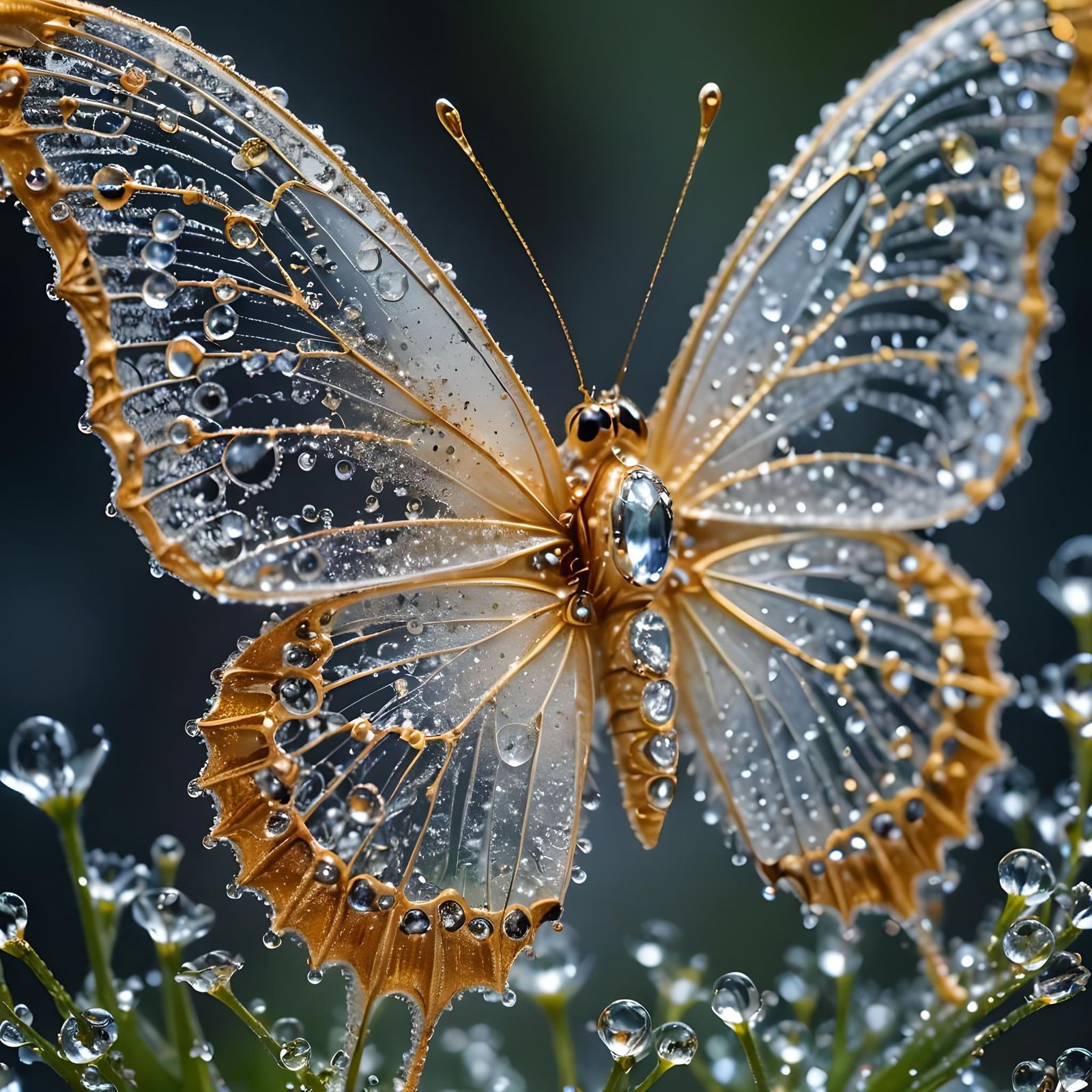 Crystal Butterfly with Morning Dew: A Macro Photograph
