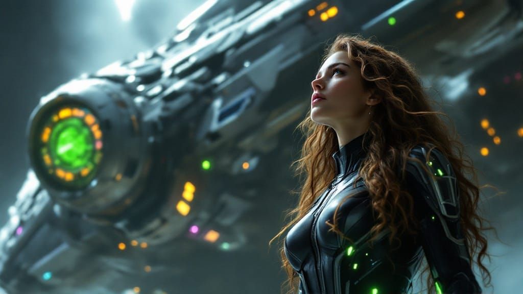 Futuristic Heroine Stands Confidently Beside Starship