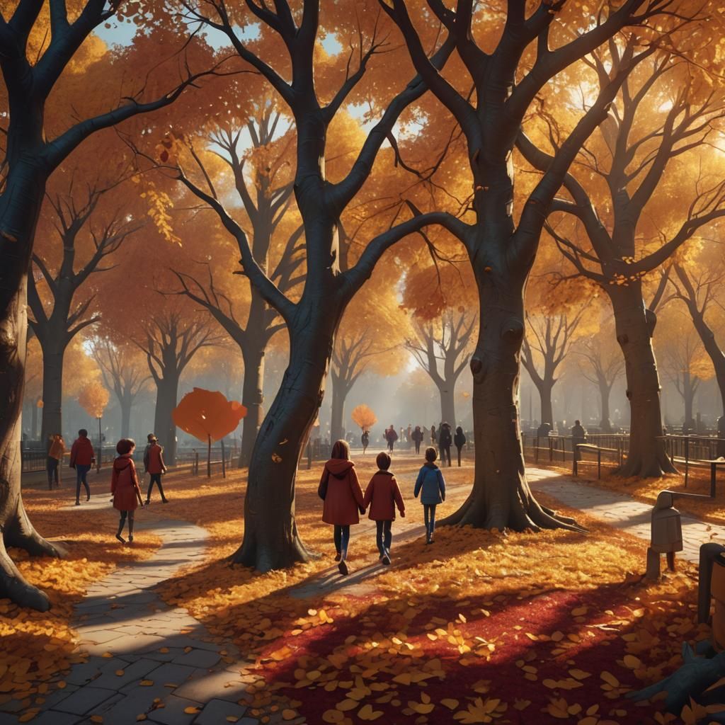 Whimsical Fantasy Landscape with Falling Golden Leaves