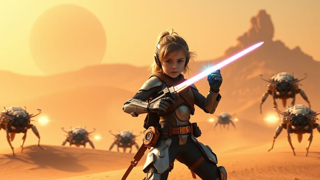 Cyborg Girl Battles Alien Insects in Desert