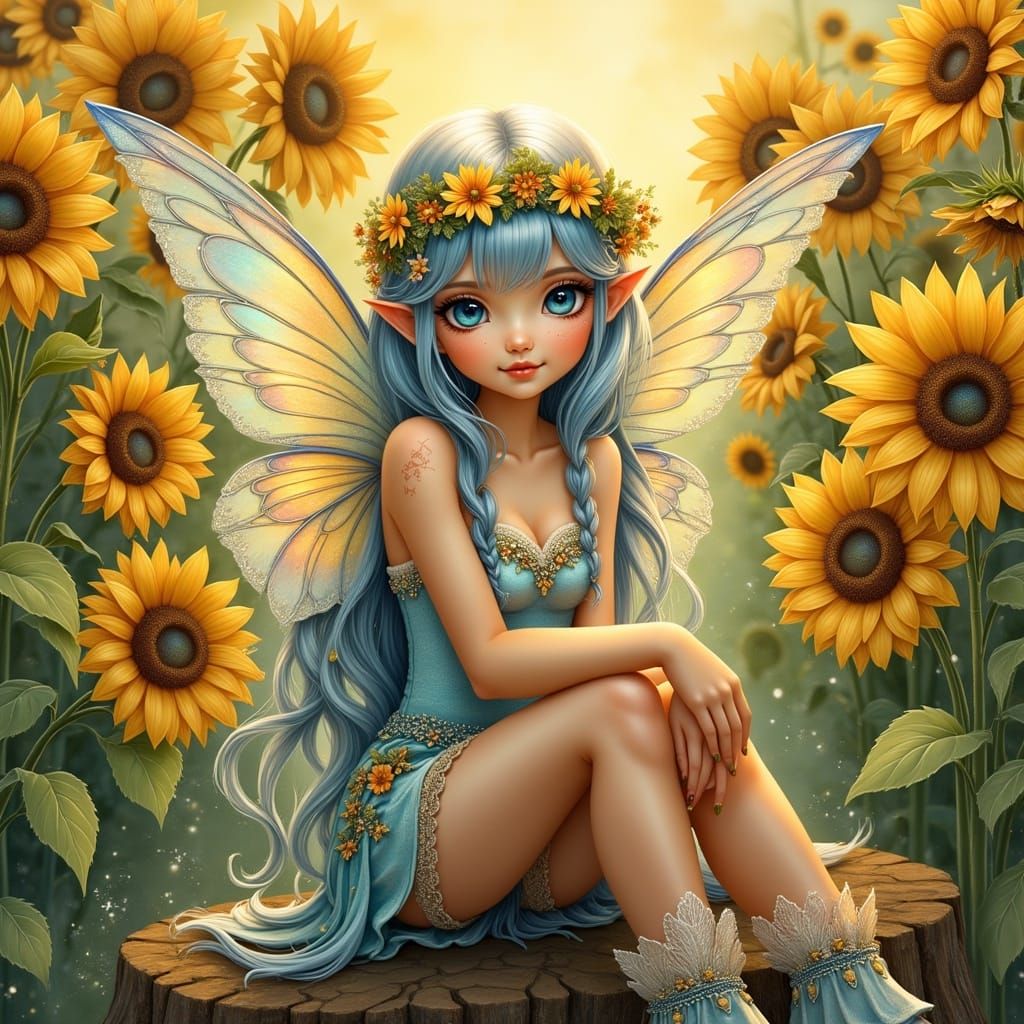 Bohemian Fairy in Sunflower Field, Fantasy Art