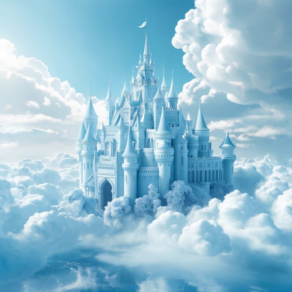Monochromatic Fantasy Castle on Clouds: Digital Art