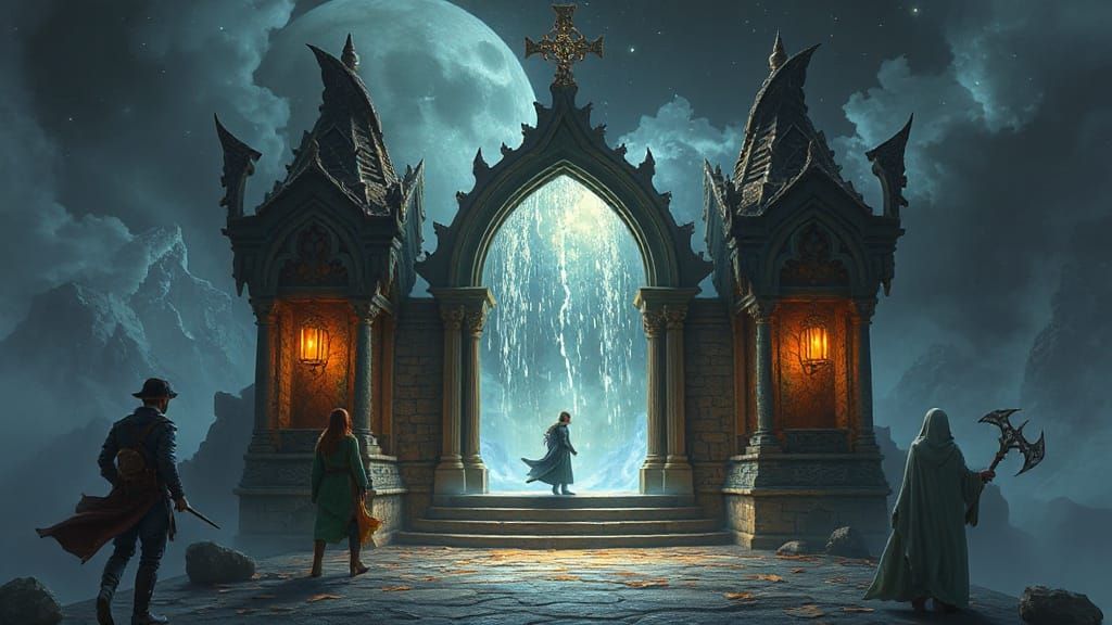 Ethereal Fantasy Portal Scene in Whimsical Art Style