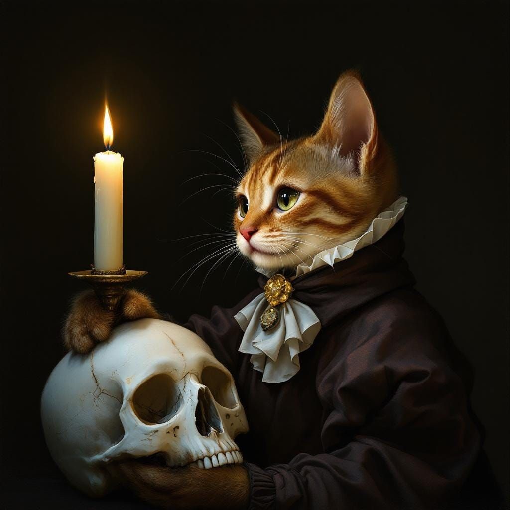 Pensive Cat with Candle in Tenebrism Style