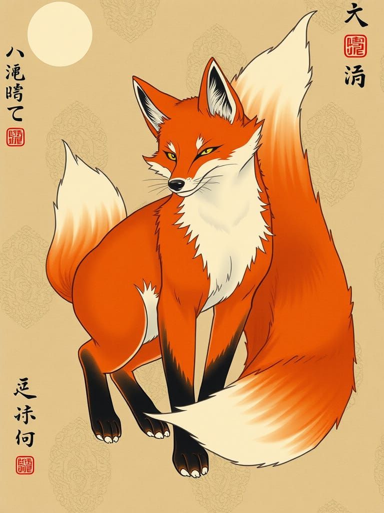 Mysterious Kitsune Fox in Traditional Japanese Art