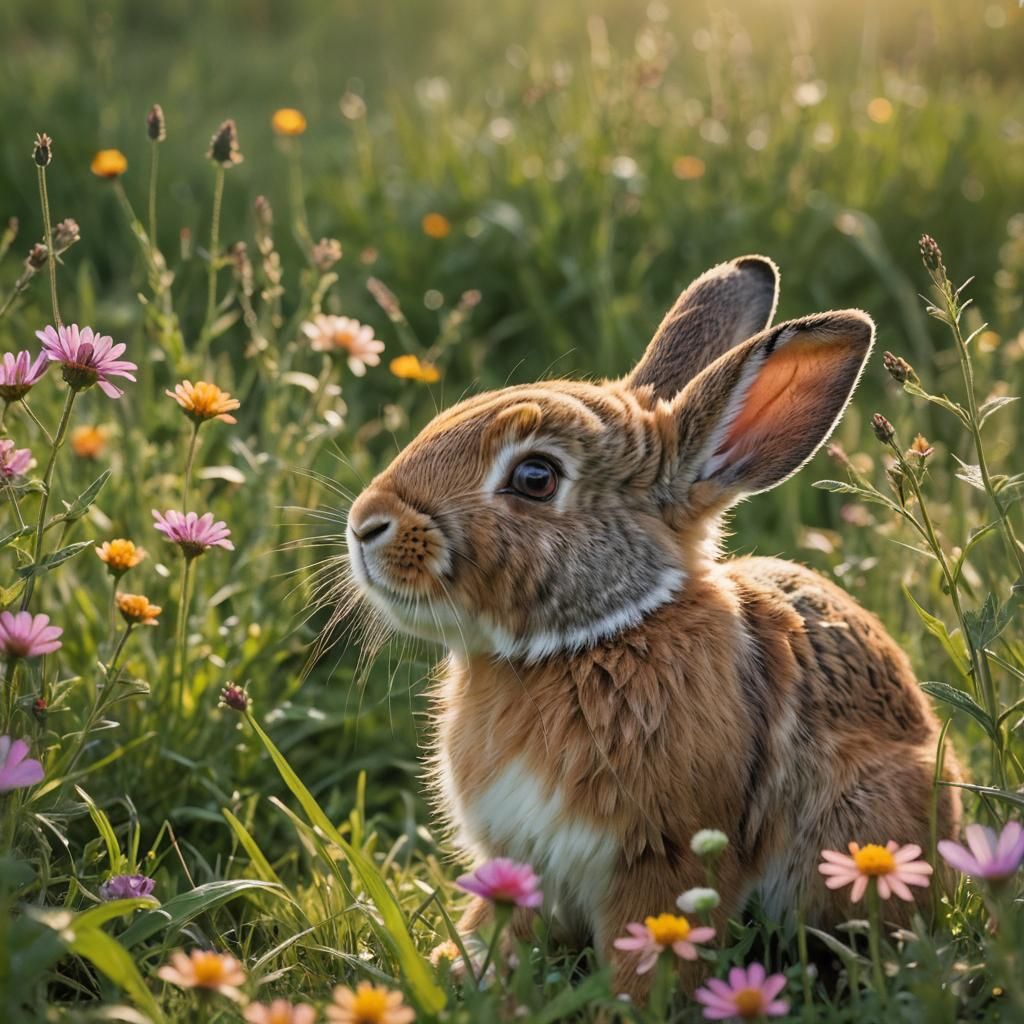 Rabbit Sniffs Wildflower: Macro Photography in Lush Meadow