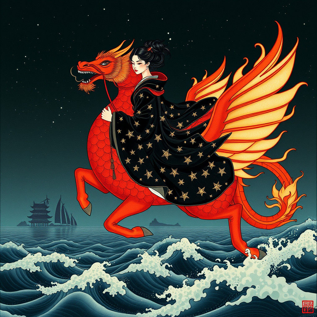 Woman Rides Kirin in Ukiyo-e Japanese Art