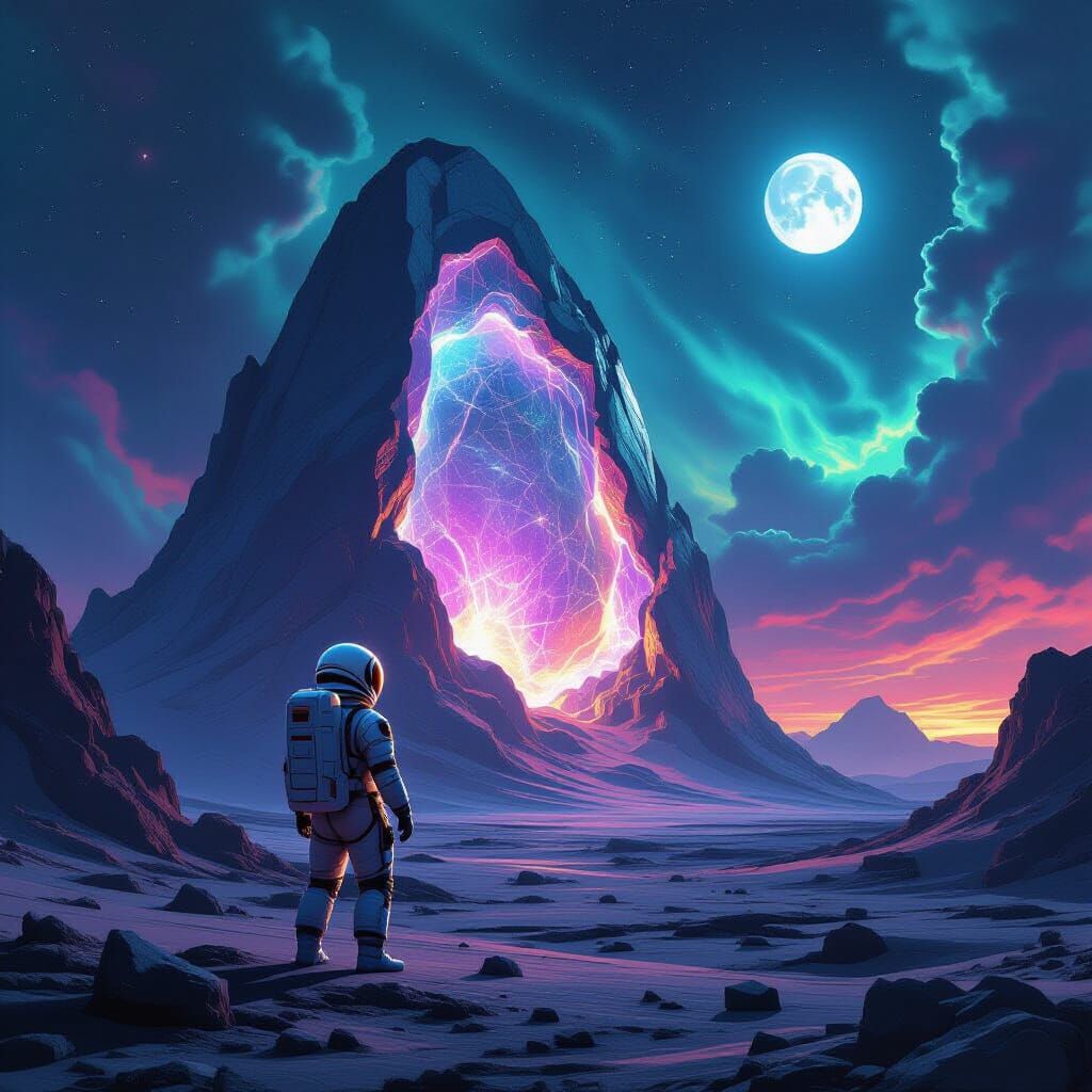 Astronaut Gazes at Glowing Geode on Alien World