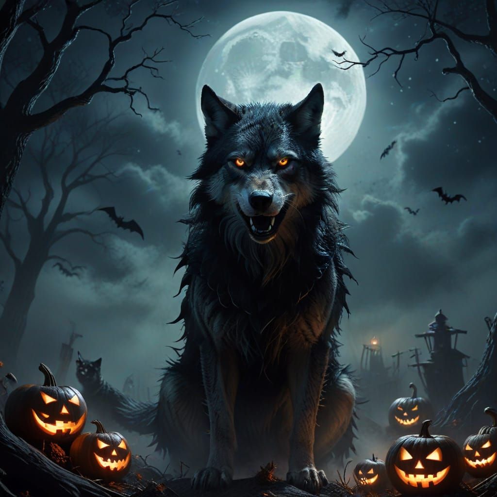 Gothic Wolf in Pirate Costume Howls Under Halloween Moon