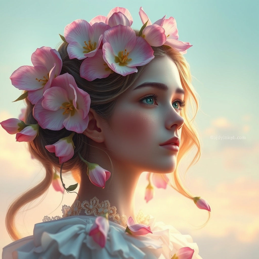 Ethereal Flower Girl Portrait in Art Nouveau Style