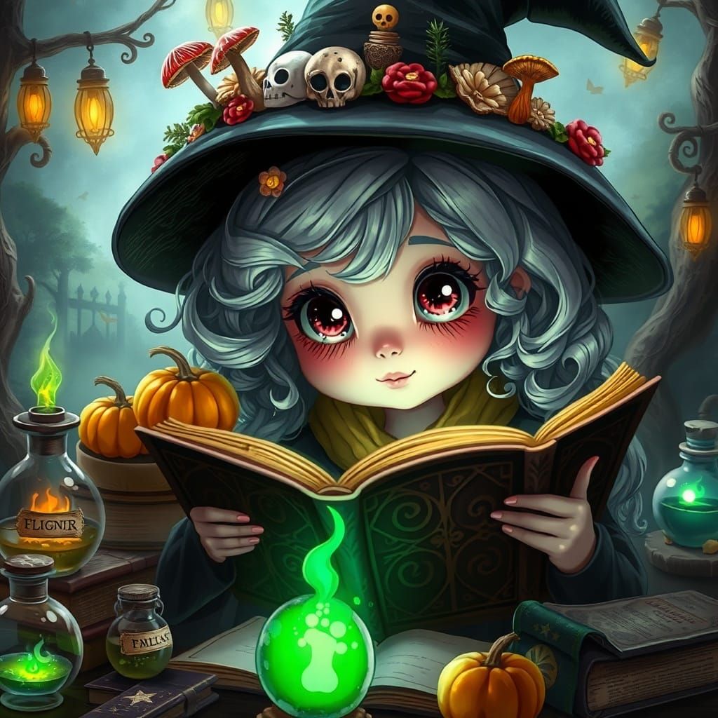 Whimsical Young Witch Reading Spellbook in Mystical Light