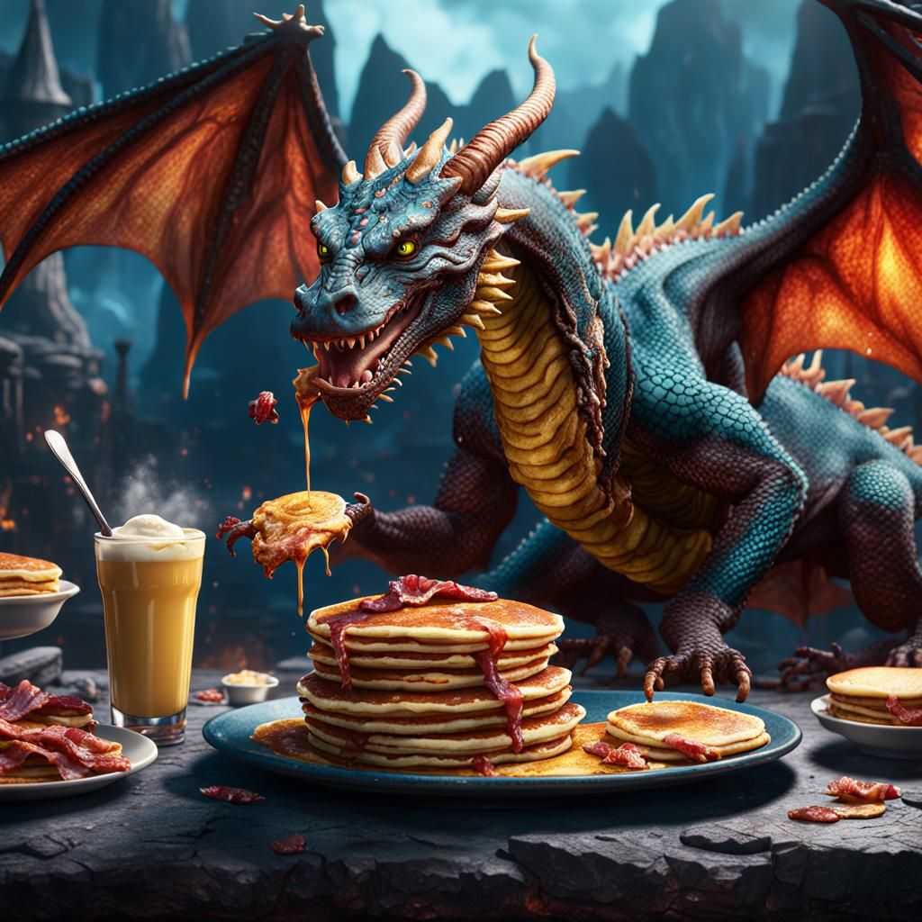 Dragon's Breakfast: Pancakes and Bacon in Detailed Painting