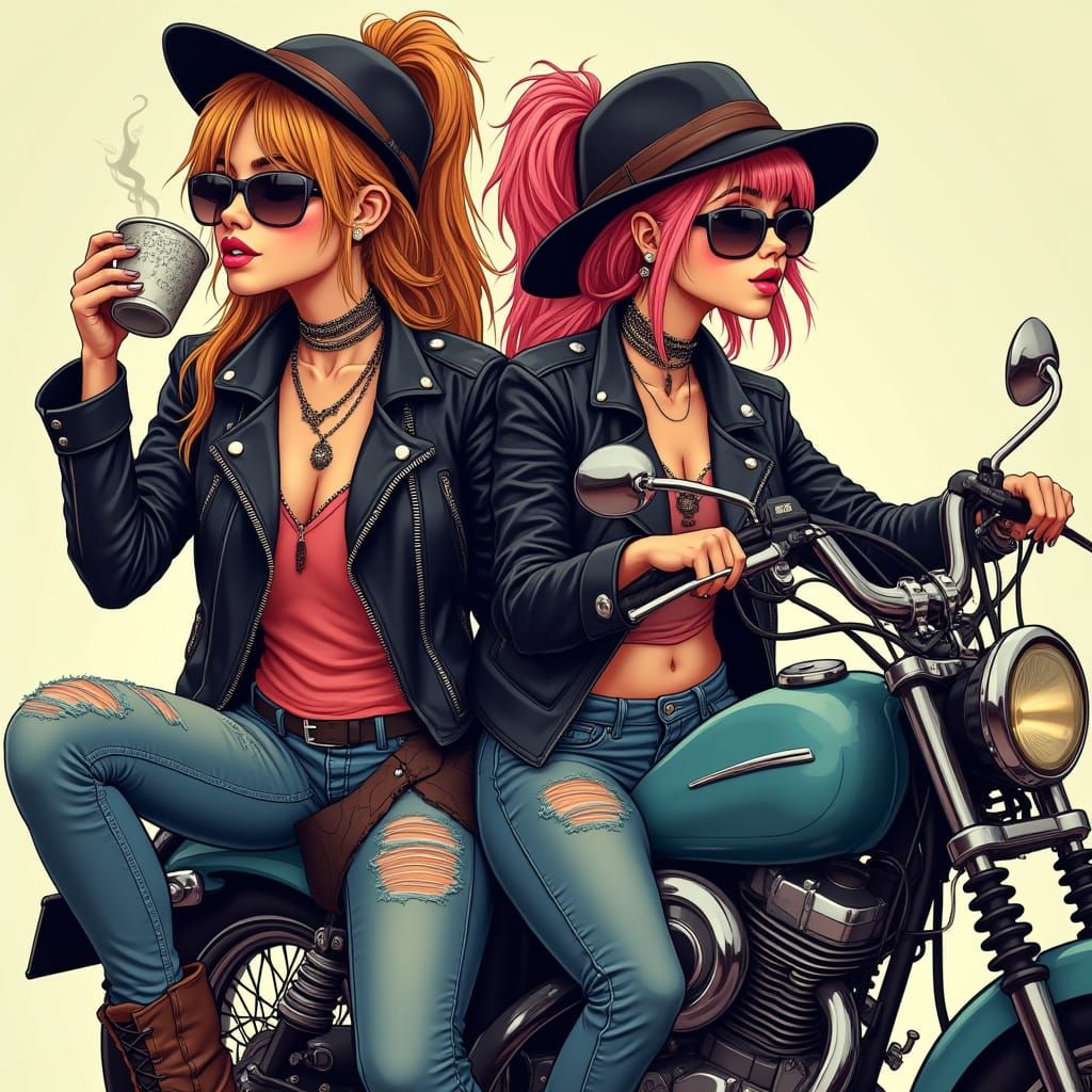 Biker Women Soul Sisters in Pop Surrealism Style