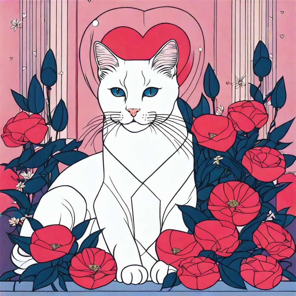 Cat on Pillow with Flowers in Art Deco Style