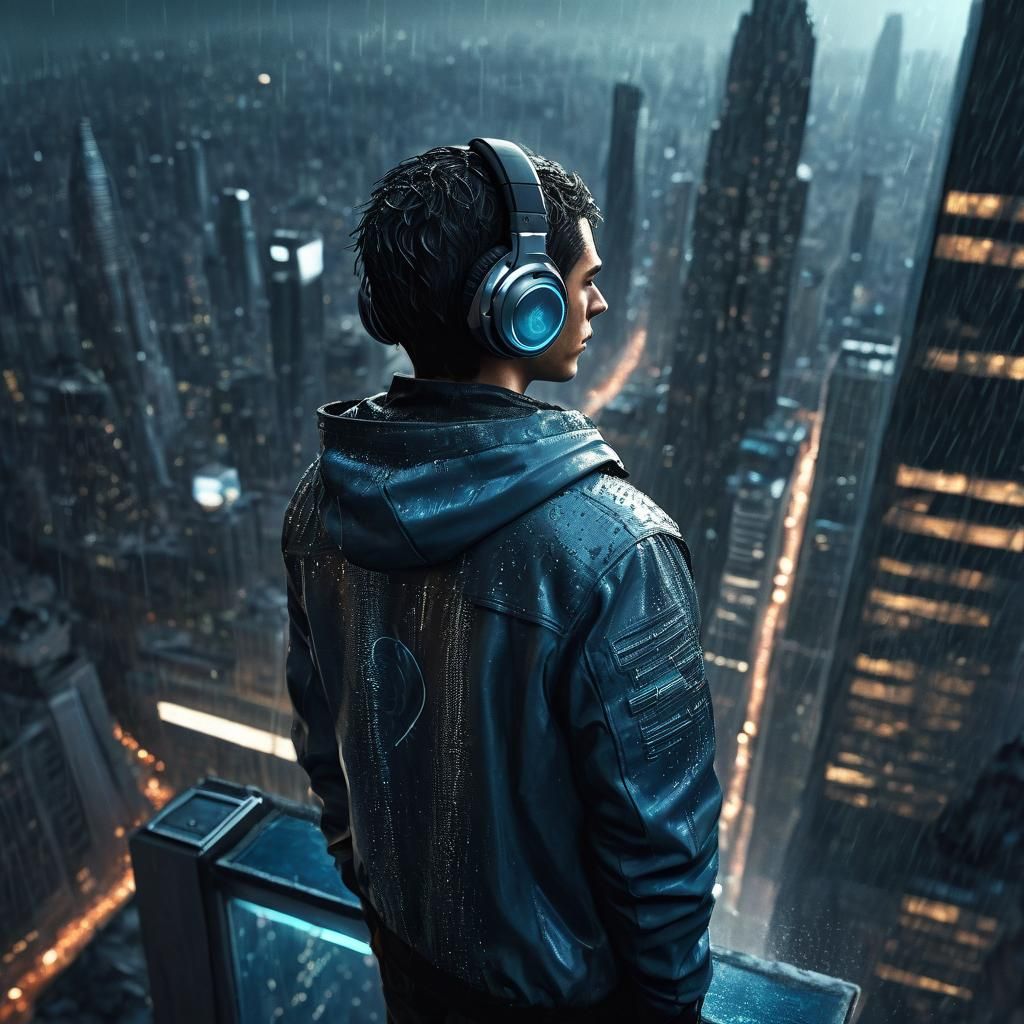 Boy on Skyscraper in Rainy Cyberpunk Cityscape