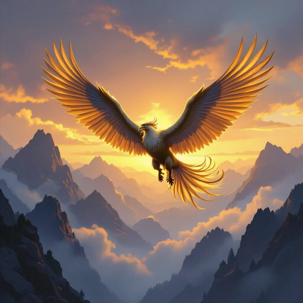 Griffin Soaring Over Misty Mountains at Sunrise