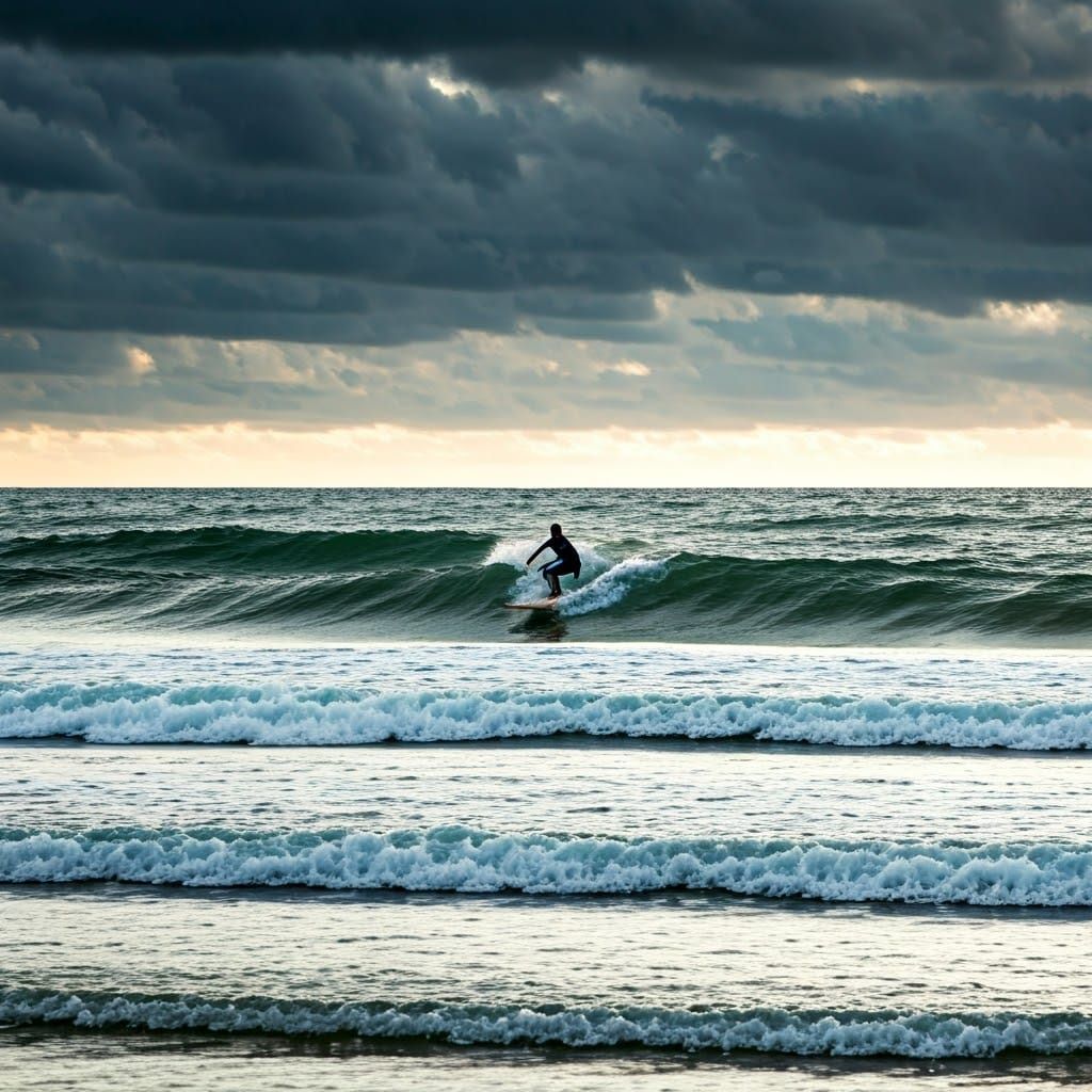 Surfer Rides Stormy Wave: Dramatic Seascape Photography
