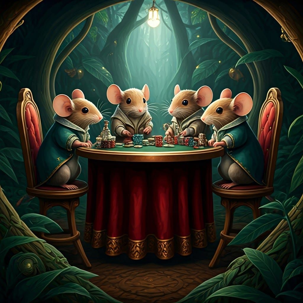 Mice Gather 'Round Whimsical Poker Table in Fantastical Fore...