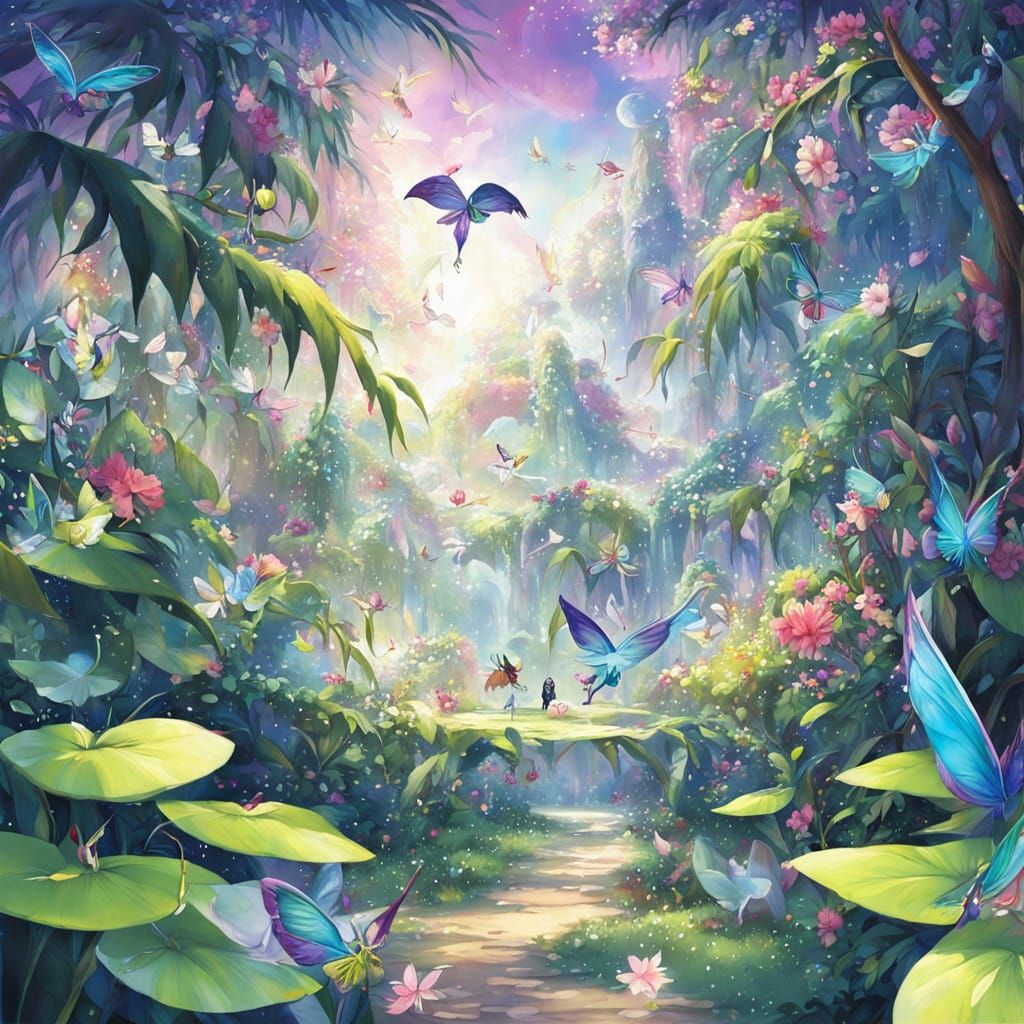 Pixies in Whimsical Paradise Scene
