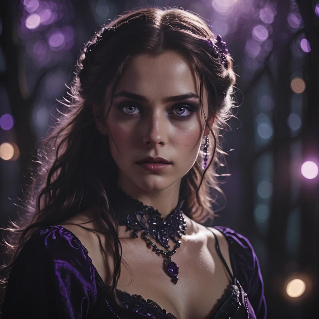 Ethereal Woman with Violet Eyes in Dark Elegance