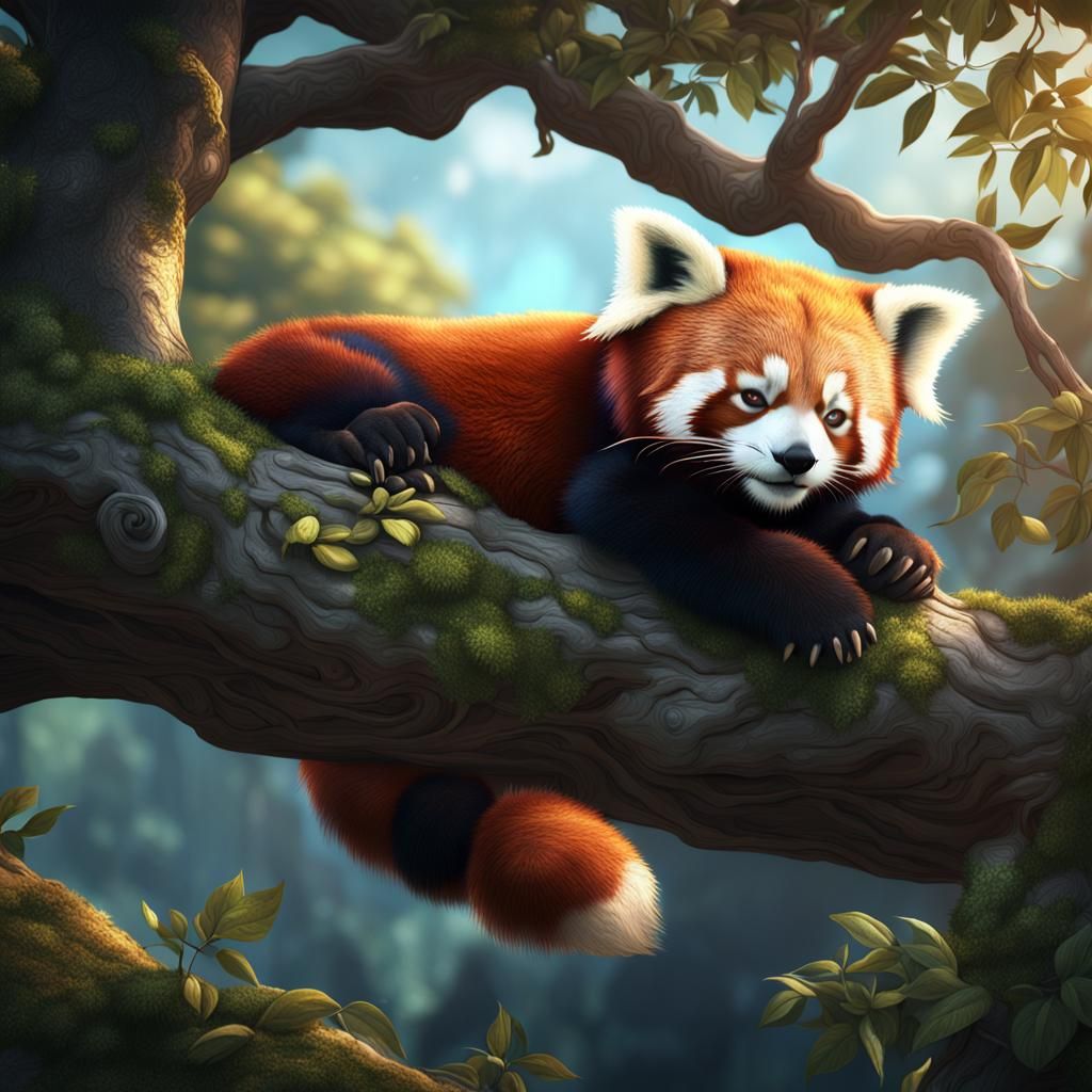 Fantastical Red Panda in a Tree Sanctuary