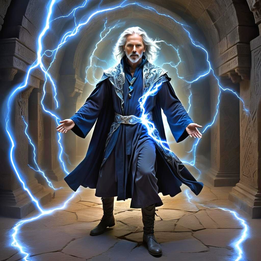 Handsome Wizard Casting Lightning Spell in Tomb