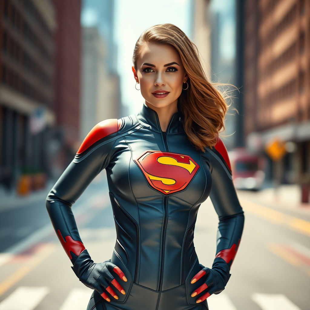 Confident Superheroine Poses in Sleek High-Tech Suit