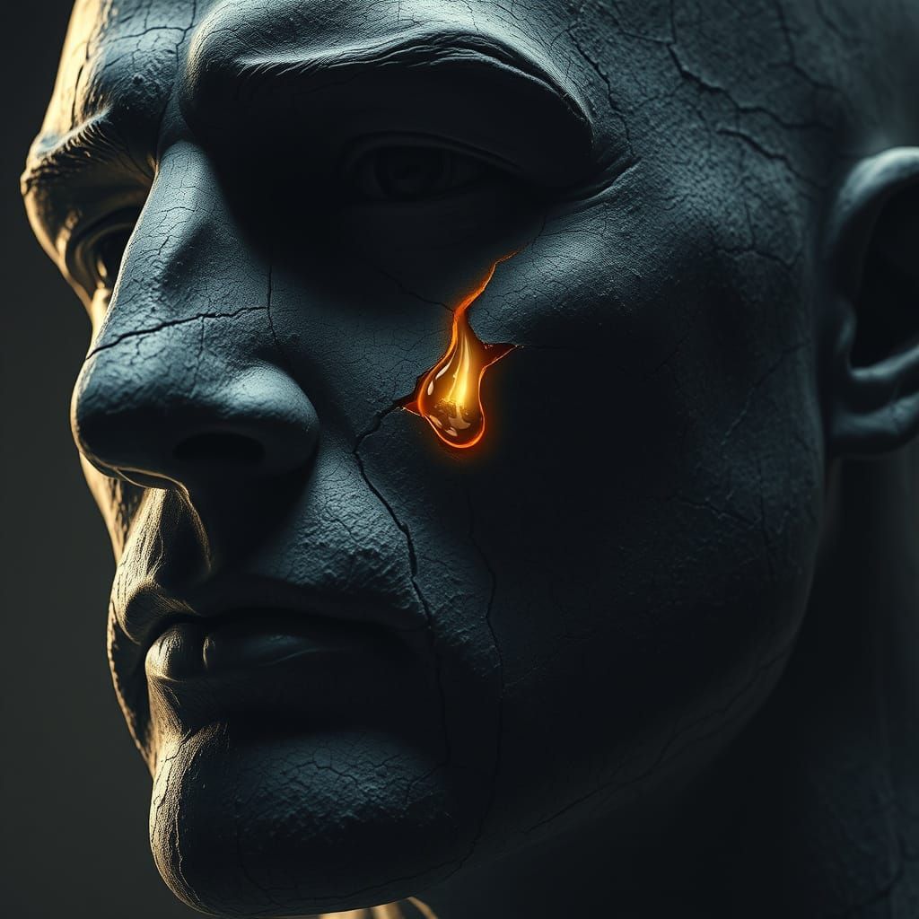 Stone Face with Golden Tear: Dramatic Photorealistic Image