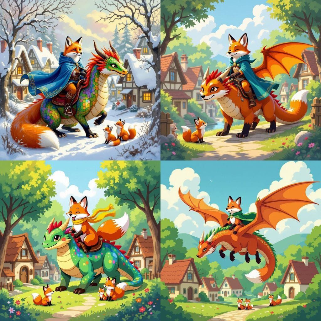 A Fox Riding a Friendly Dragon