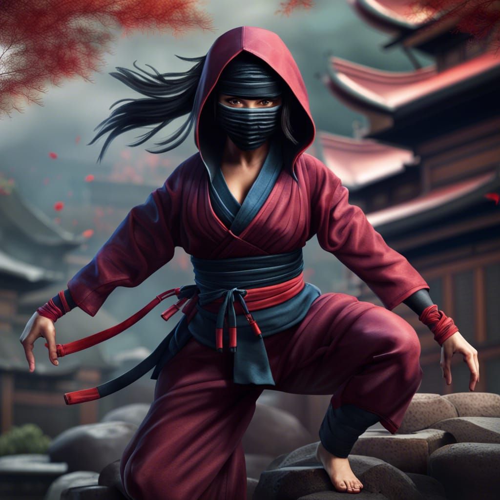 Beautiful Kunoichi in Ninja Pose: Detailed Matte Painting