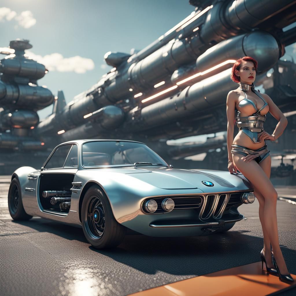 Futuristic Electric BMW with Pin-Up Girl in Sci-Fi Style