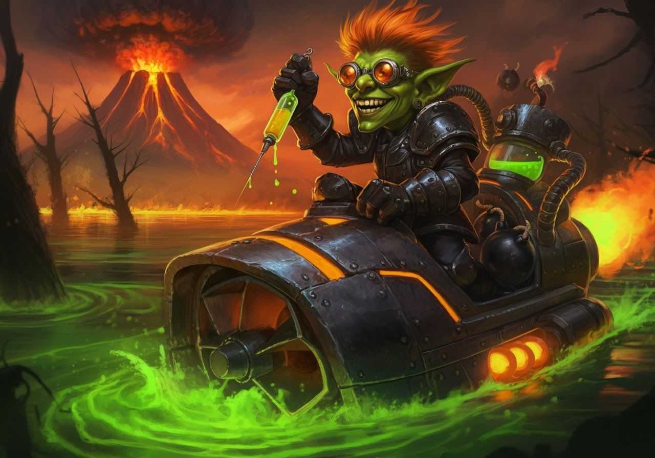 Goblin Scientist on Steampunk Speedboat in Acid Swamp