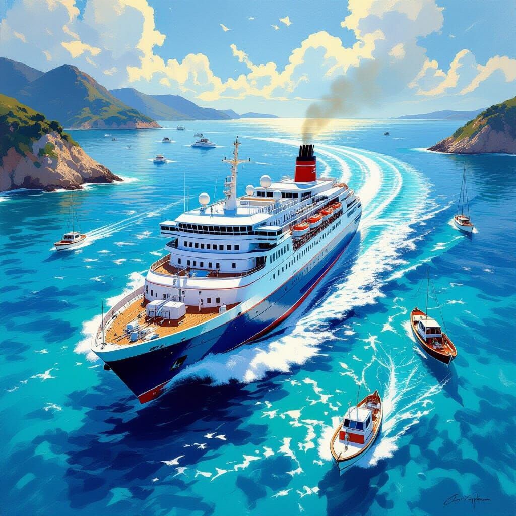 1960s Cruise Ship in Clear Waters, Vintage Poster Art