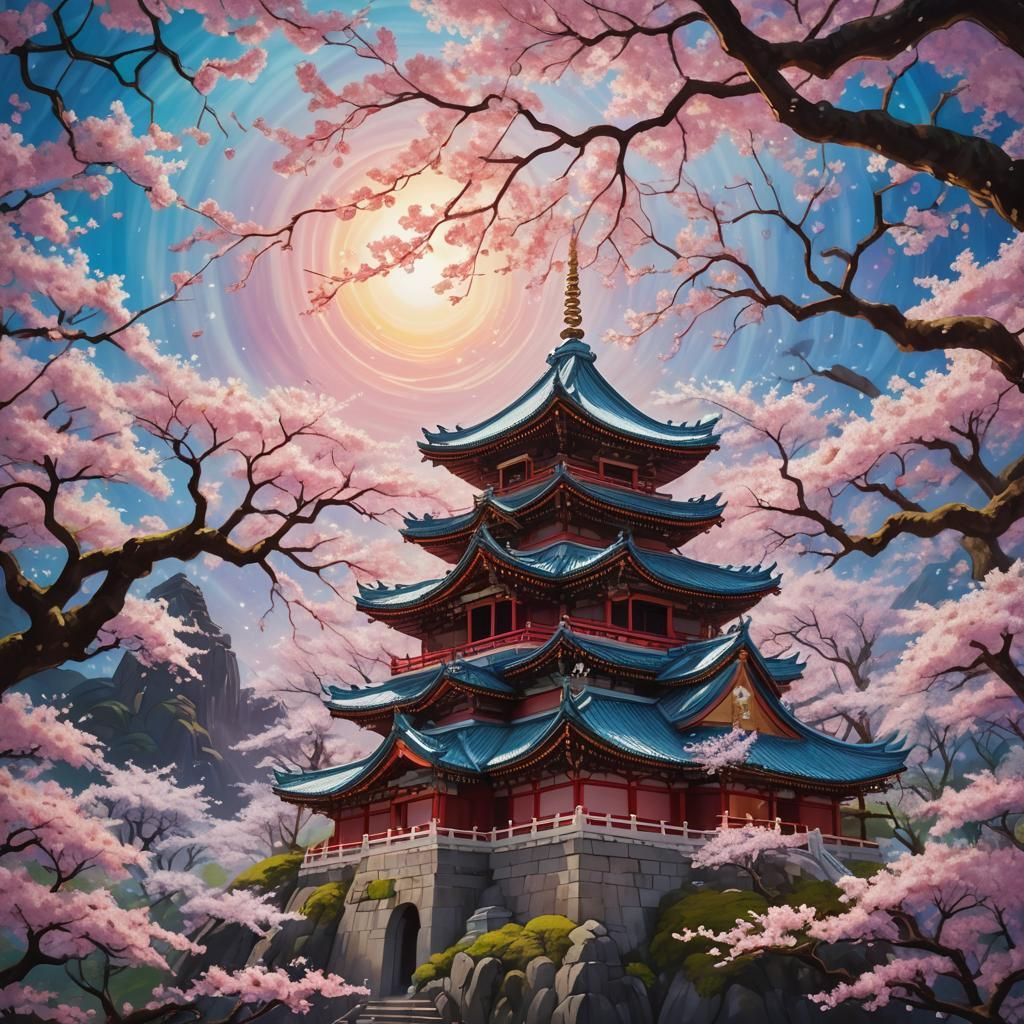 Cherry Blossom Temple: A Surreal Astral Illustration
