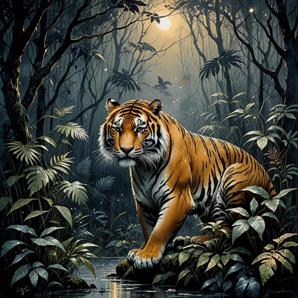 Grimdark Jungle Tiger in Starry Night