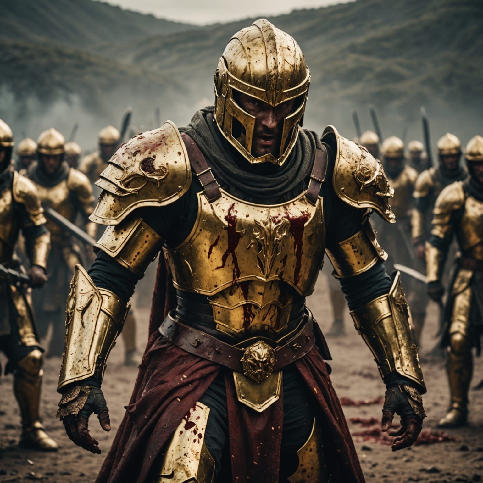 Golden Armored Warrior in Battle: Cinematic Still