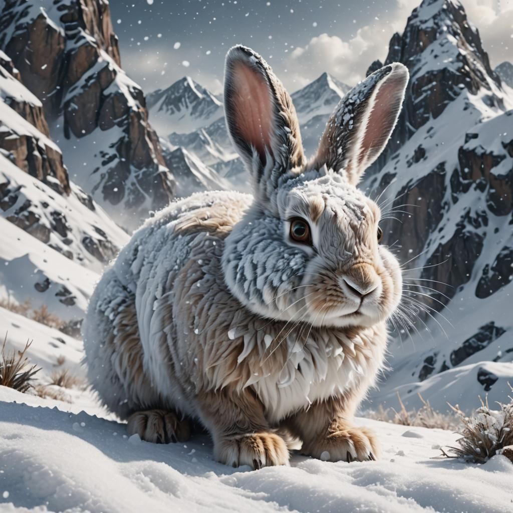 Fluffy Rabbit Climbs Snowy Mountain in Digital Painting
