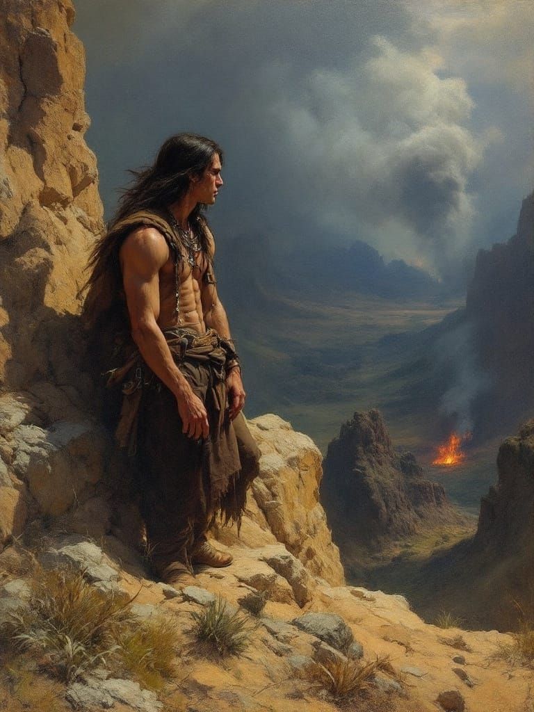 Native American Warrior Contemplates Burning Village